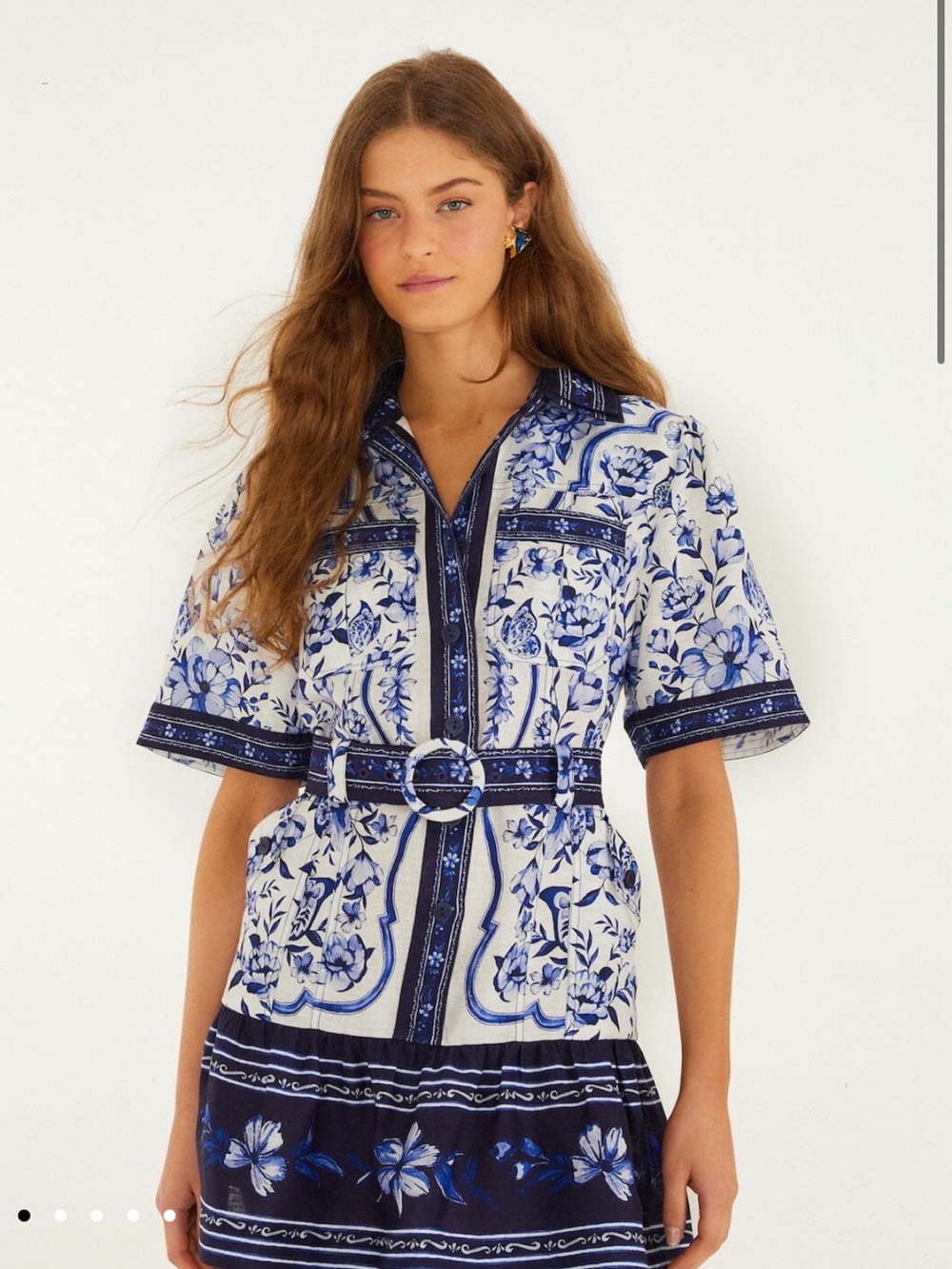 NWT Farm Rio Blue Floral Belted Shirt Dress - Size M